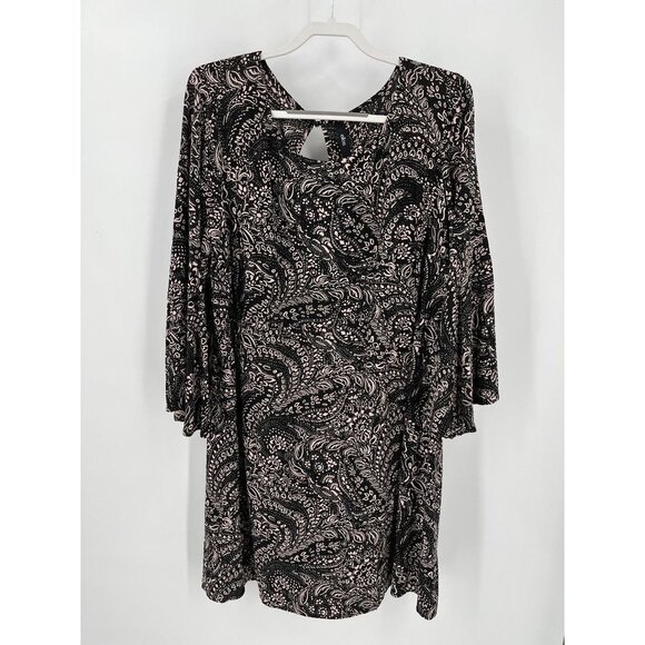 Ellos Size 24 Ladies Paisley Print Knee Length Dress Black Pink Bell Sleeve - Picture 1 of 8